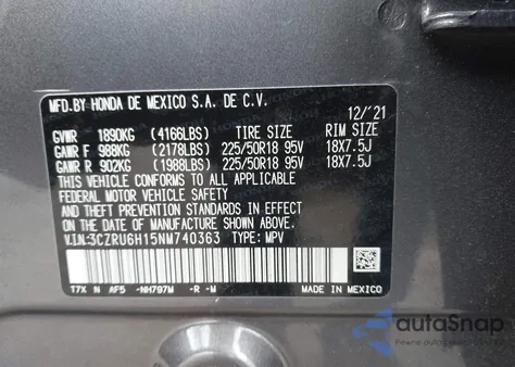 2022 Honda Hr-V Awd Sport из США, поврежденный, VIN 3CZRU6H15NM740363